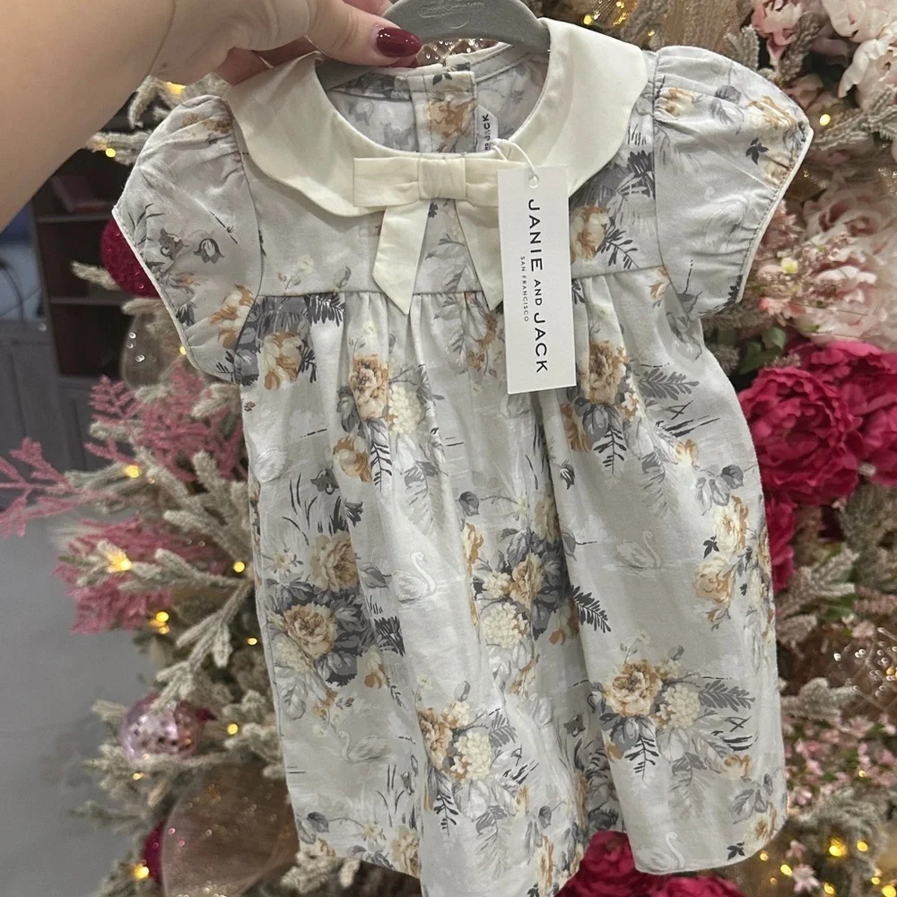 NWT Janie and Jack Floral Kids Dress - Cream and Gray
